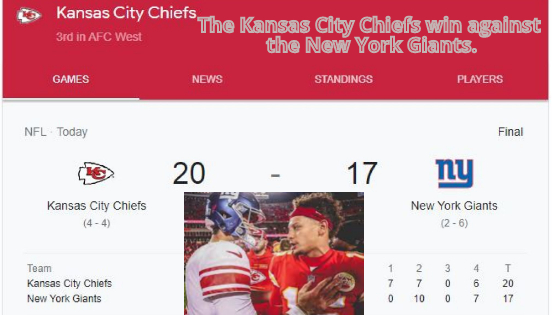 The Kansas City Chiefs win against the New York Giants-